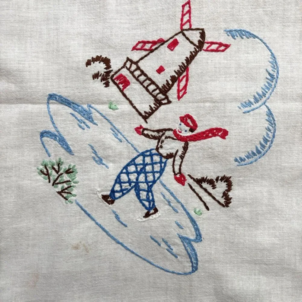 Vintage 50s Cottagecore Embroidered Tablecloth Holiday Dutch Winter Ice Skating